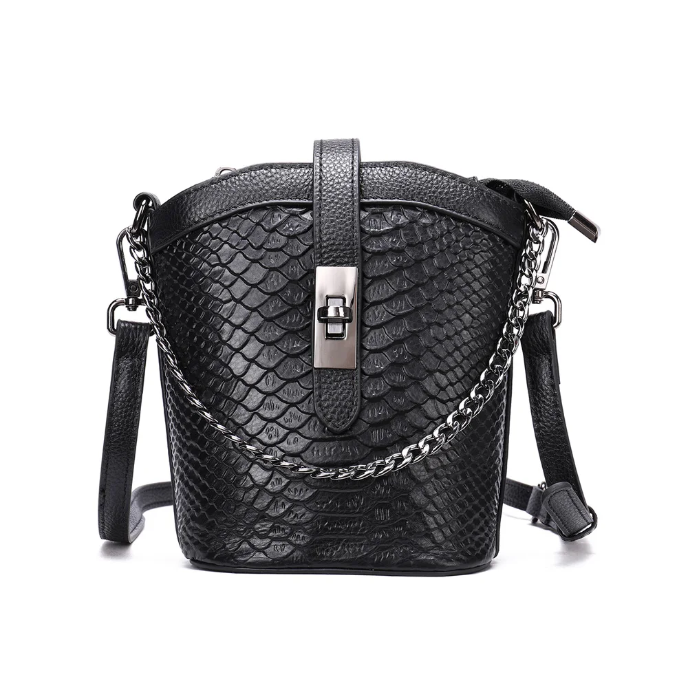 

Mini Genuine Leather Shoulder Bag Snake Pattern Cowhide Women Handbags Purses Excellent Chain Lock Ladies Crossbody Bucket Bags