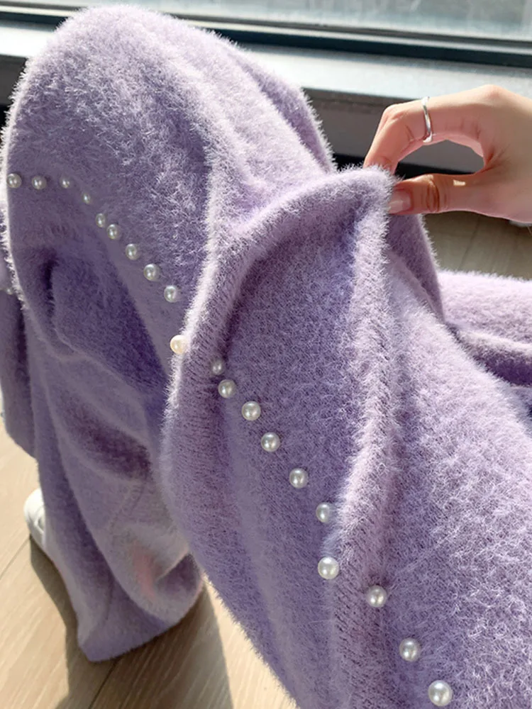 Вязаные брюки из меха норки осень-зима утепленные пушистые широкие для женщин