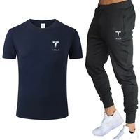 mens t shirt set tesla logo tracksuit two pieces sets men casual fitness sport suit short sleeve t shirt trousers mens sets