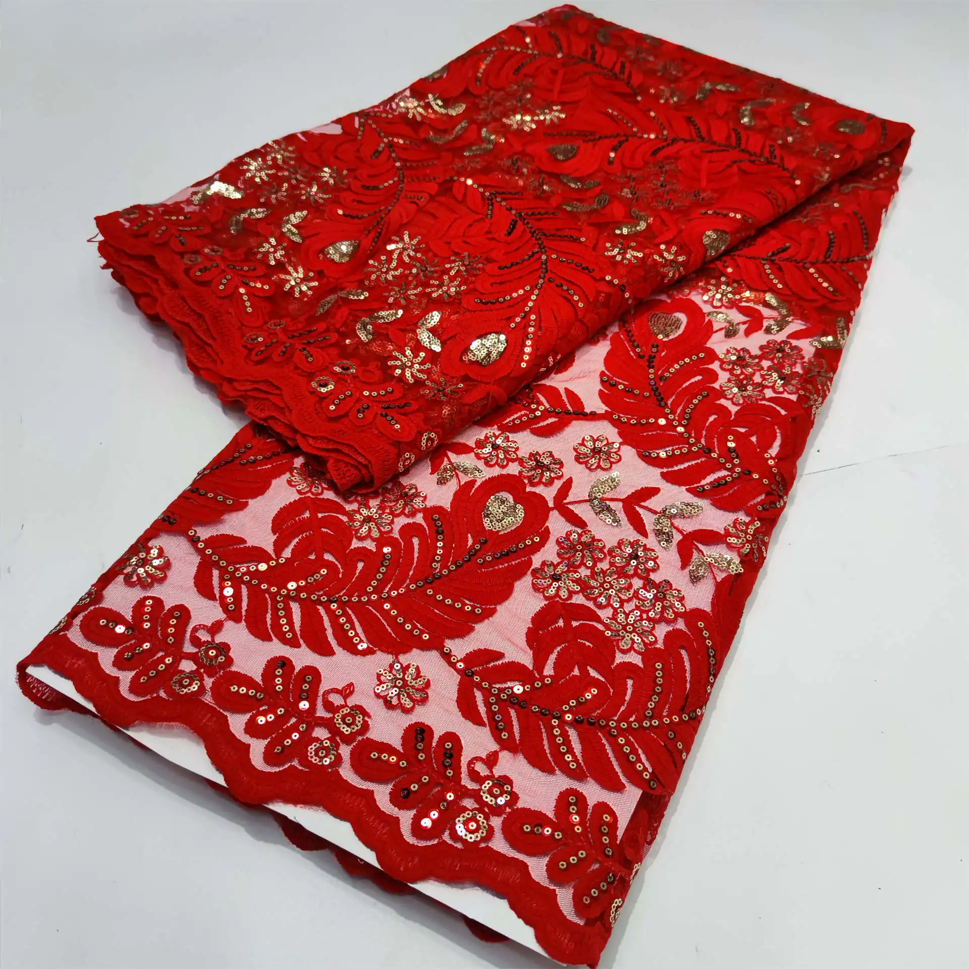 

Net Lace Fabric 2021 Latest Red Mesh with Sequin Embroidered Feather Pattern Small Flowers Lace for Sewing Wedding Dress JYYN39