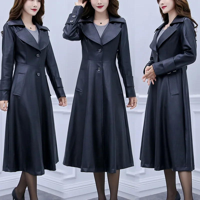 Spring and Autumn New Long Black Soft Artificial Leather Women's Long Sleeve Button Slim Elegant Comfortable Versatile Jacket