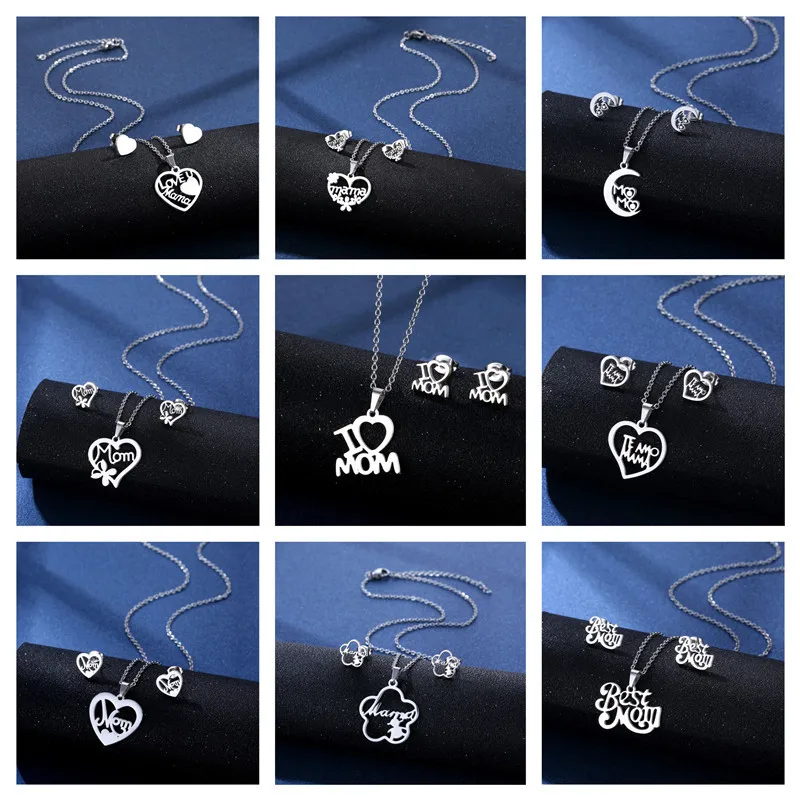 

Stainless steel mother's day necklace earrings set South American mother pendant clavicle chain