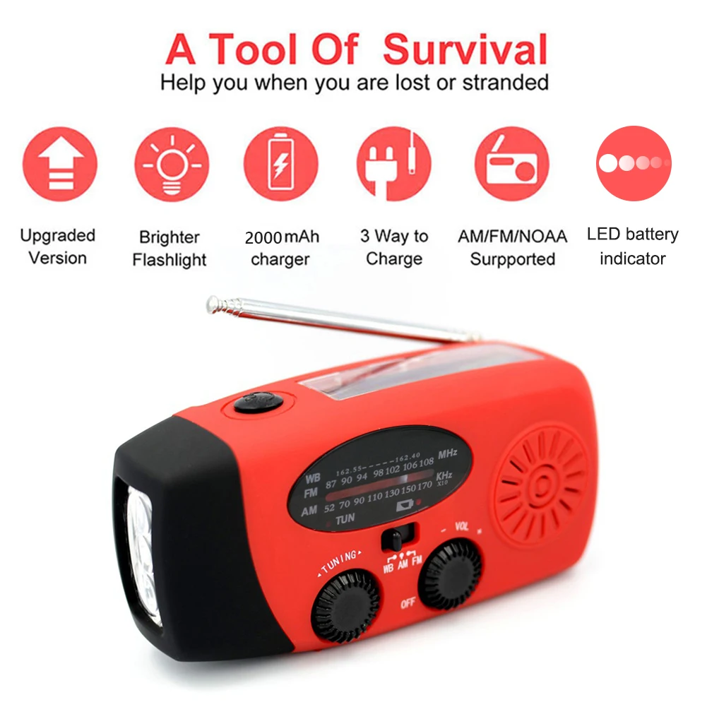 

Portable Solar AM/FM/WB NOAA Radio Hand Crank USB Charger Radio Weather Radio Emergency Use 3 LED Flashlight 2000mAh Power Bank