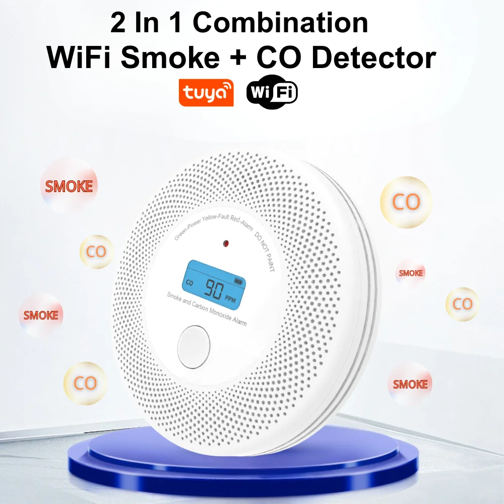 Фото Умный Wi-Fi детектор дыма и угарного газа Tuya Czujnik Детектор дыма Humo Rookmelder для семейной квартиры, склада отеля №1