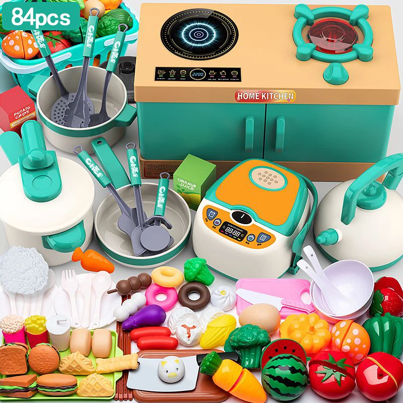 

Kids Simulation Kitchen Toy Accessories Toddler Pretend Play Kitchen Toy with Cookware Steam Pot, Toy Cutlery, Cut Play Food