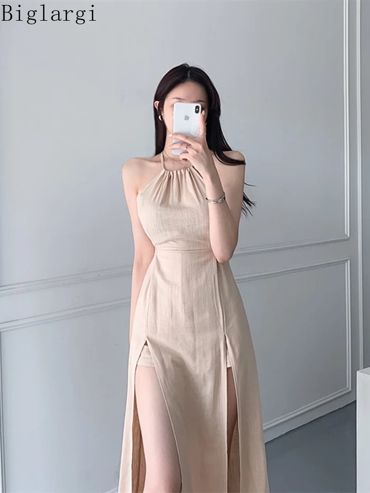 

Sexy Strapless Waist Retraction Summer Women French Retro Dress Ladies Womens Fork Dresses Korea Woman Cotton Hemp Dress New