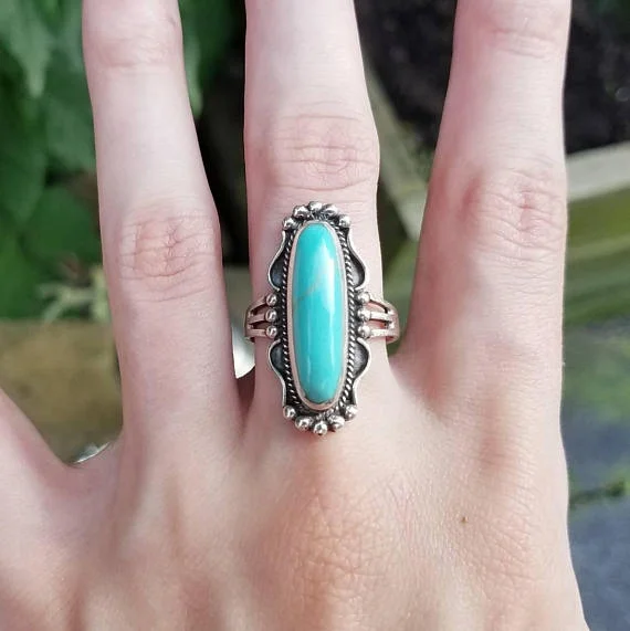 Vintage Large Natural Gemstone Turquoise Rings for Women Bride Wedding Engagement Ring Fine Jewelry Aesthetic Anillos Mujer