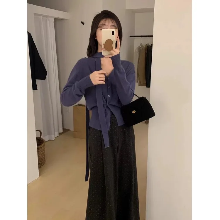 Lazy High Sense Фиолетовый вязаный свитер с v-образным вырезом и подвесным воротником