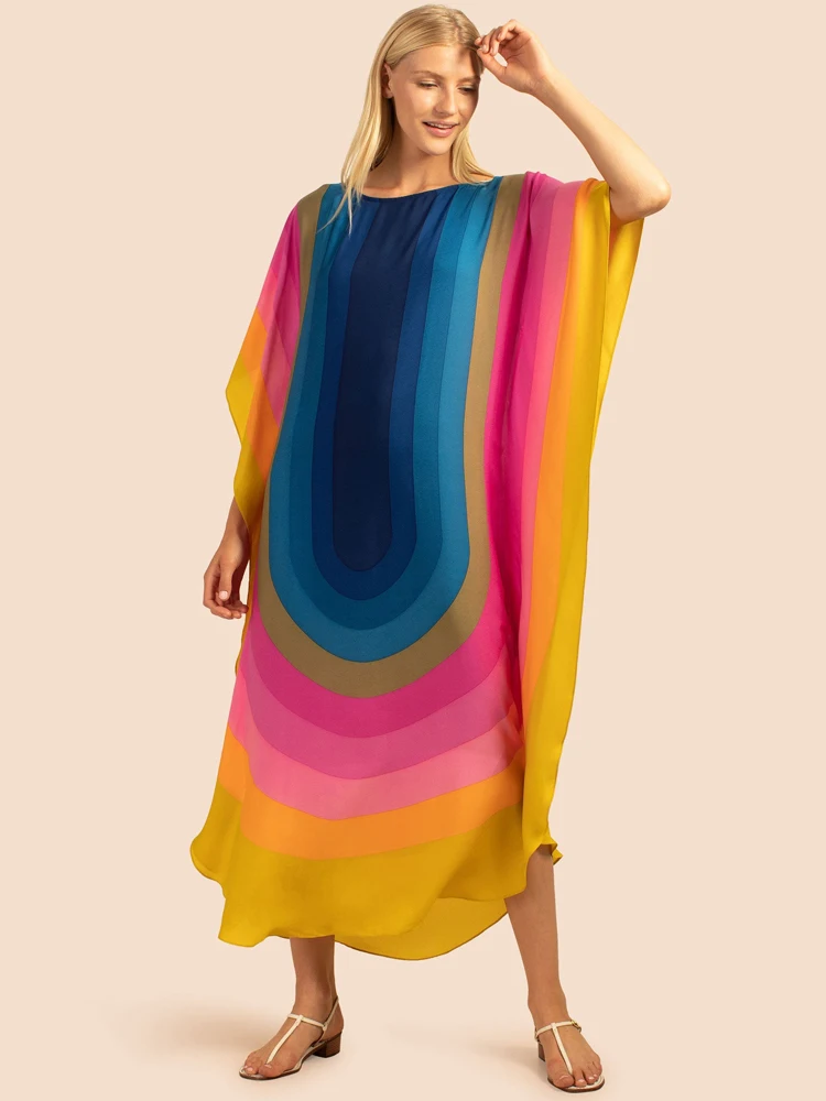 

Tossy Rainbow Striped Kaftan Beach Tunic Cover Up For Swimwear Women 2022 Summer Sarong Beachwear Casual Vacation Dress Female