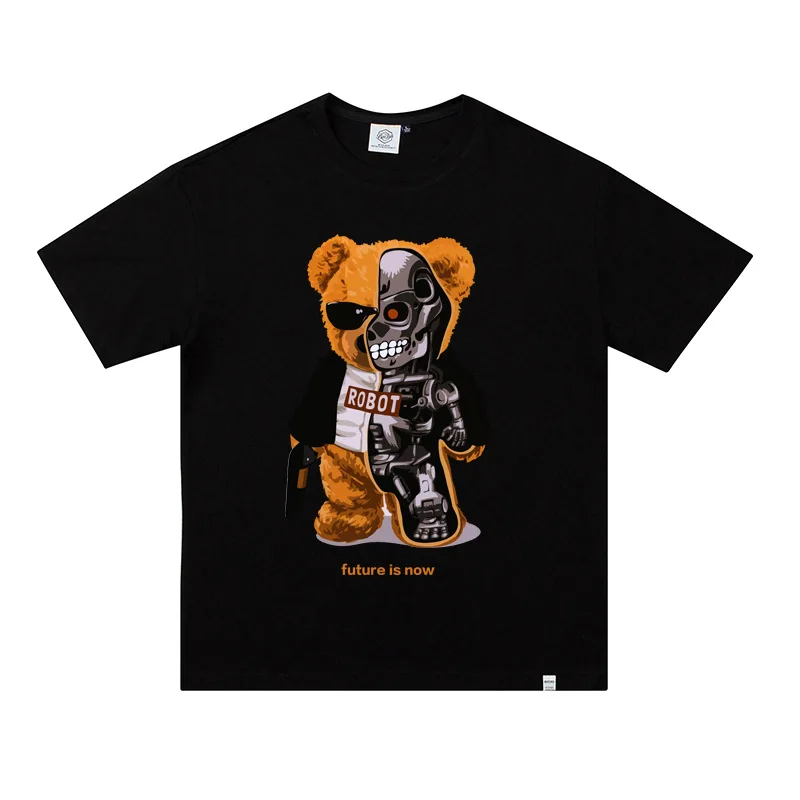 

Funny Men's Cotton T Shirt Casual Summer Tops Teddy Bear Robotic Nice Black White Tee Shirts Women Short Sleeve Large Size 5XL