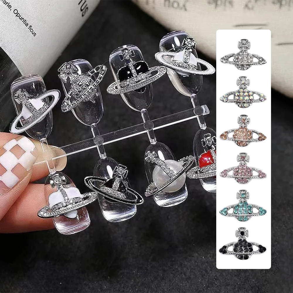 

Saturn's Rings: Colorful Diamonds Inlay Nail Charms Love Planet Alloy Luxury Rhinestones Flat Nail Jewelry Finger Decorations 3D