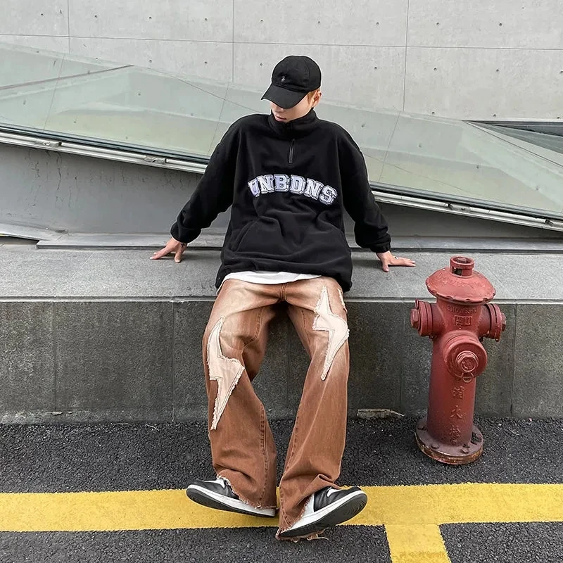 N GIRLS American Y2K Patch Embroidery Straight Jeans Man Brown Baggy  2022 High Waist Trousers Streetwear Denim Pants Women New