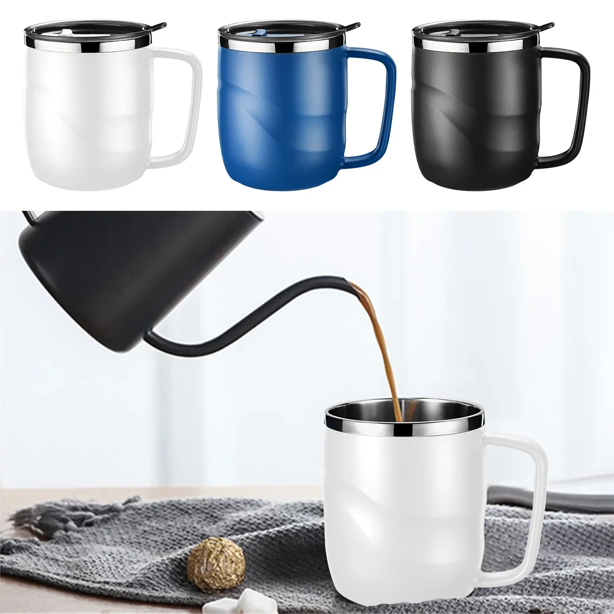 

NEW 400ML 304 Stainless Steel Coffee Mug Cup with Lid and Handle Double Wall Coffee Tumbler Reusable and Durable Coffee Travel