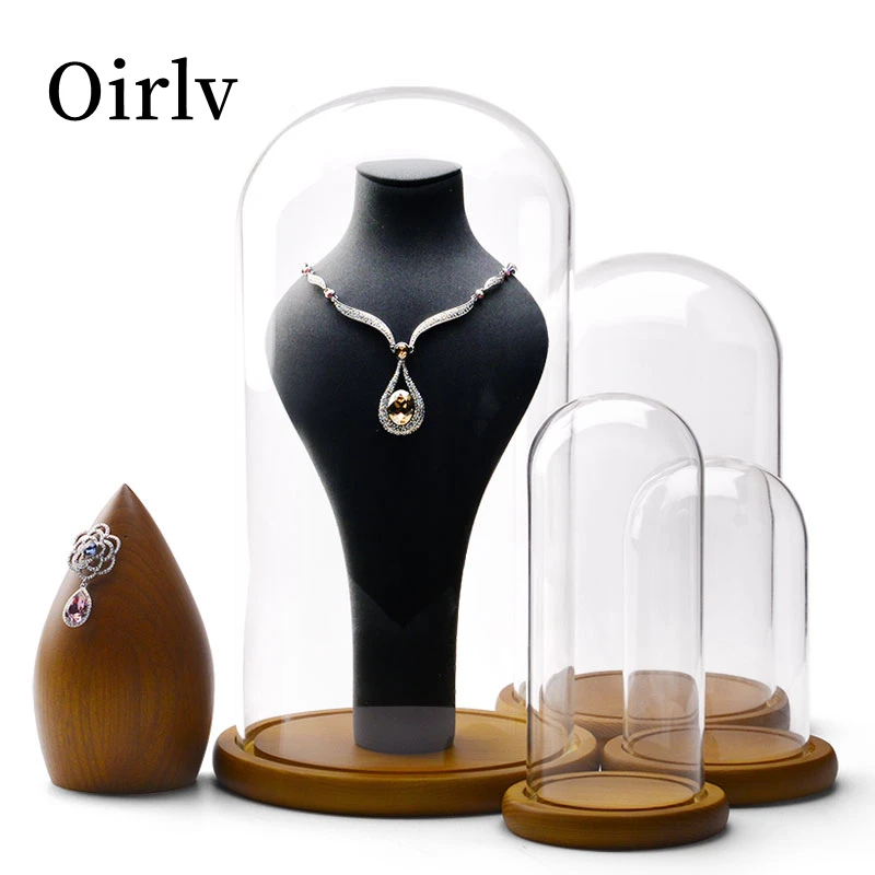 

Oirlv Soild Wood Jewelry Diplay Tray With Transparent Dome Dust Proof Glass Cover Necklace Jewelry Dispaly Tray Wooden Organizer