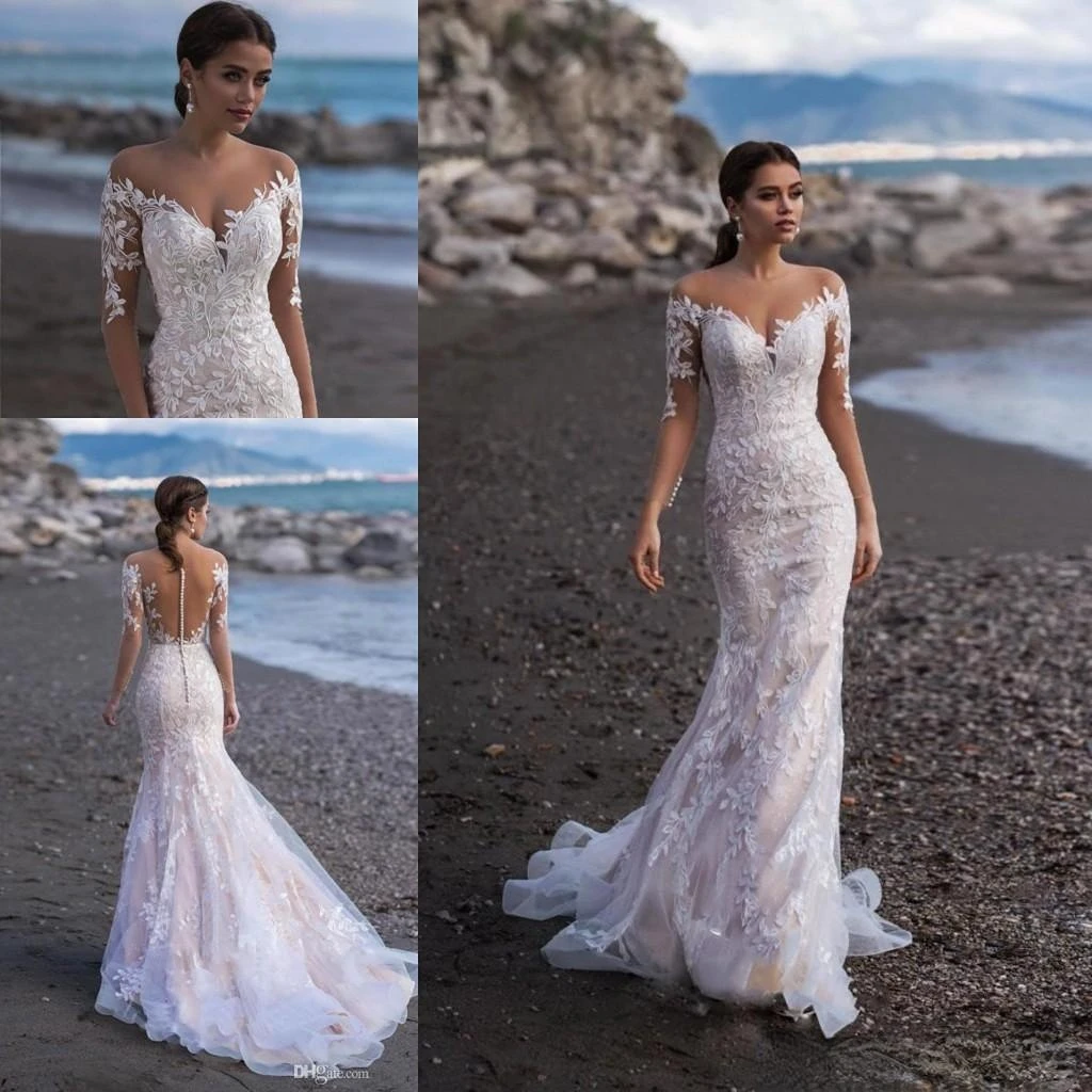 

Elegant Sheer Long Sleeves Lace Mermaid Wedding Dresses Tulle Applique Sweep Train Beach Wedding Bridal Gowns With Button