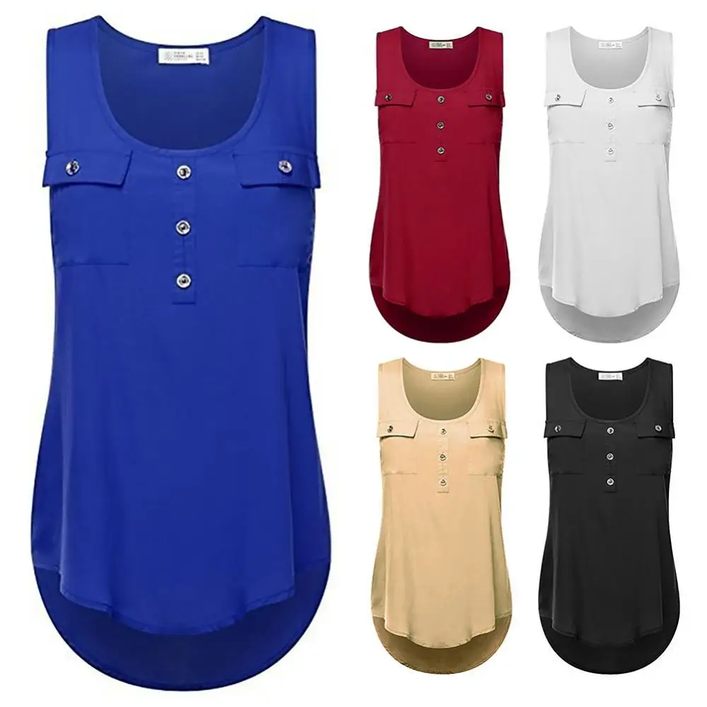

Women Tank Tops Solid Color Scoop Neck Sleeveless Pockets Buttons lady Tank Top Vest Blouse 2020