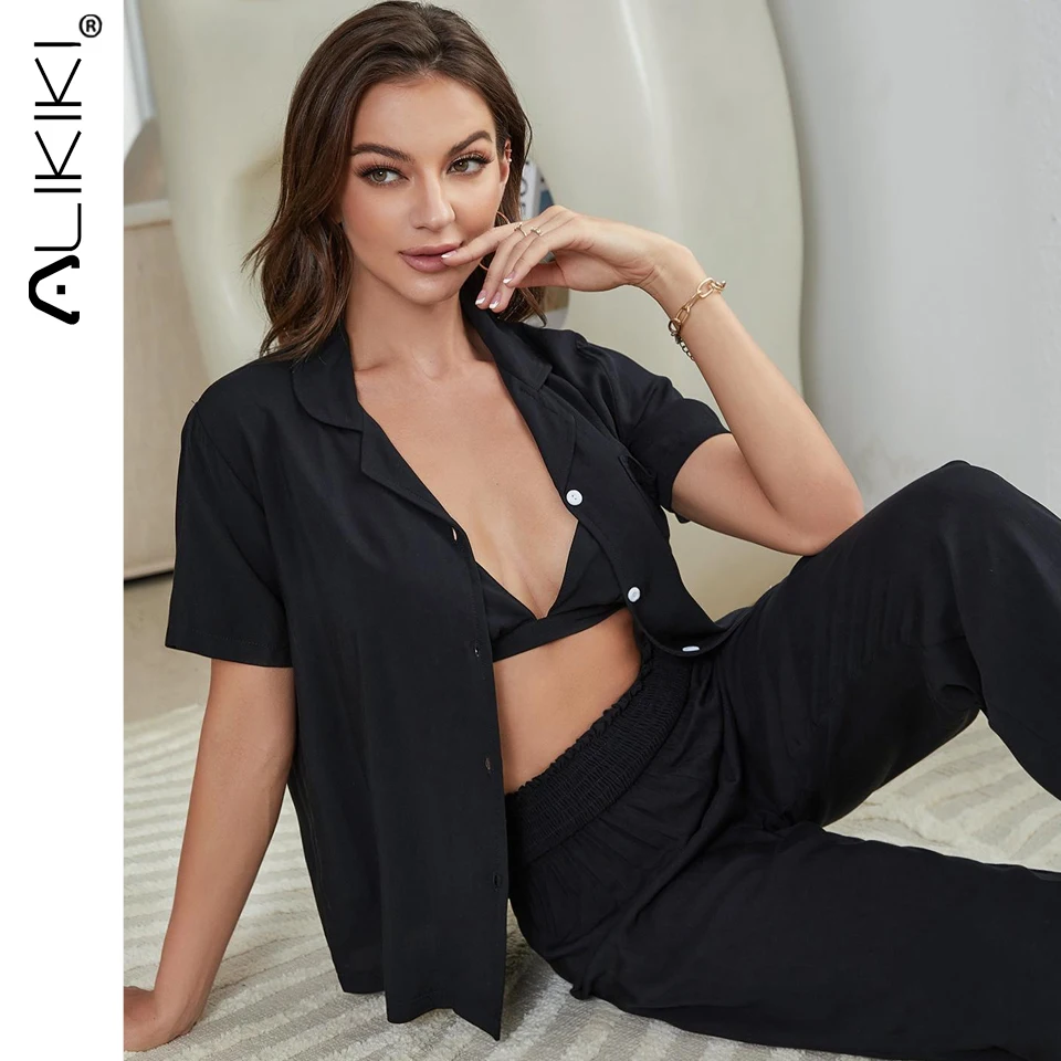 Летняя женская одежда для сна костюм-тройка рубашка на пуговицах с короткими