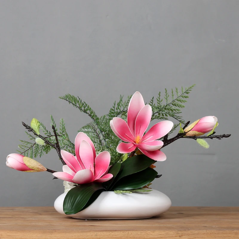 

Modern Ceramic Vase+Artificial Flower Magnolia Floral Set Home Livingroom Furnishing Crafts Dining Table Fake Flowerpot Decor