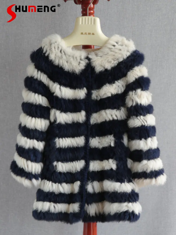 Slightly Elastic Color Matching Striped Rex Rabbit Fur Jacket Wool Hand-Woven Fur Coat Mid-Length Round Neck Leather Fur Coats