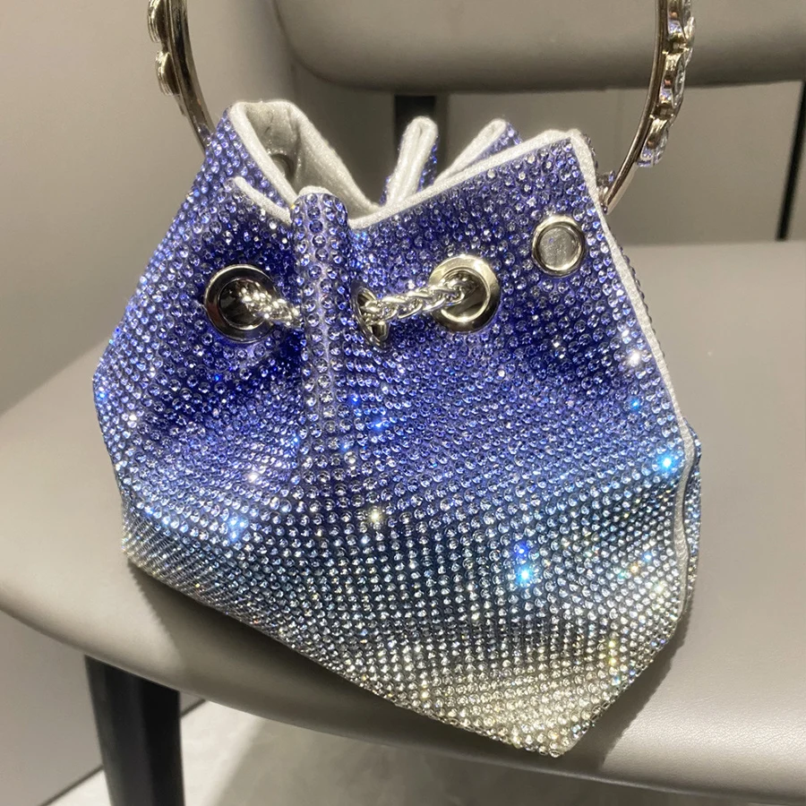 Luxury Shiny Dinner women's handbags new gradient color bucket bag tassel full diamond single shoulder crossbody bag tote bag
