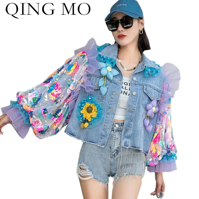 

QING MO 2023 Spring Autumn The New Heavy Industry Trendy Brand Mesh Cowboy Coat Woman Flowers Splicing Short Coat Blue LHX233A