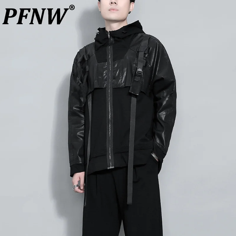 

PFNW Autumn Winter New Men's Streetwear Fashion Patchwork Hooded Jacket Tide Darkwear Zippers Multi Pockets Coat Tops 12A7155