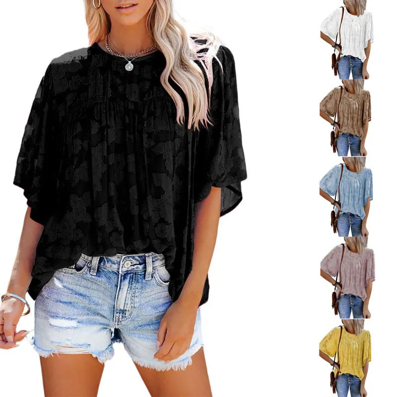 

2022 summer women's new five-point sleeve lace shirt European and American ladies loose round neck pullover women
