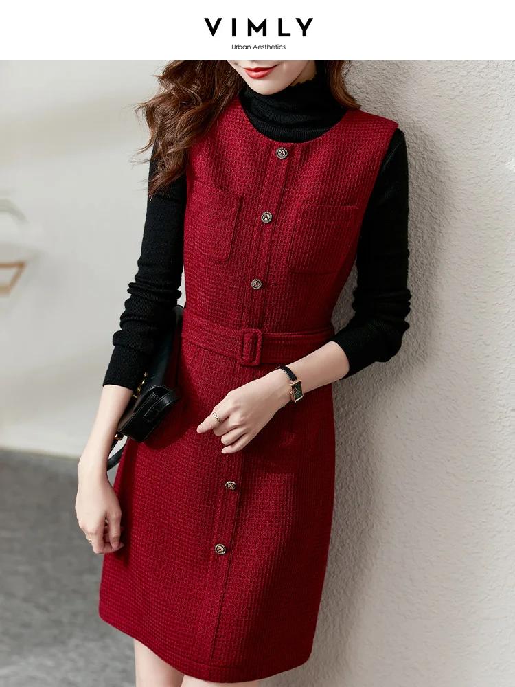 

Vimly French Elegant Vest Dresses for Women 2022 Sleeveless Slim Tweed Autumn Winter Dresses with Belt Office Ladies Vestidos