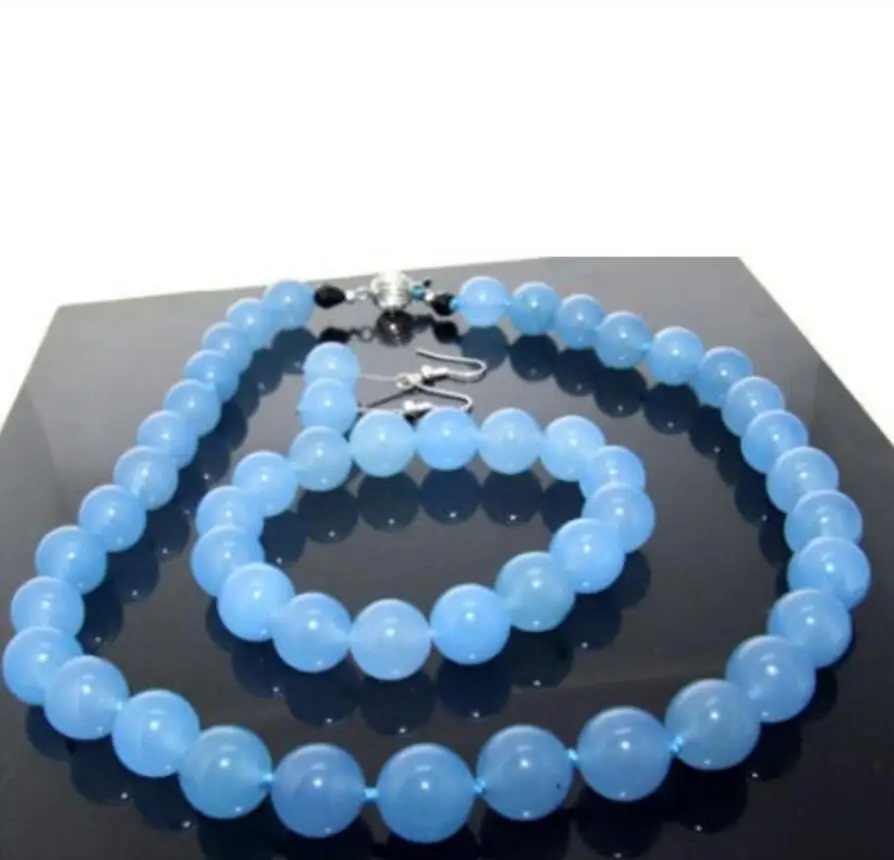 

18inch Necklace Bracelet Earring Blue Jade 12mm Knotted Each Beads