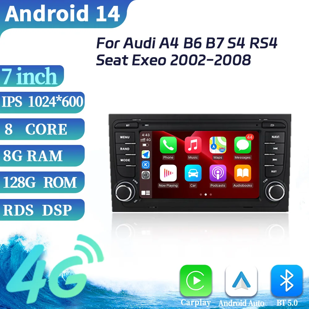 Беспроводной Carplay 2 Din Android 12 для Audi A4 B6 B7 S4 RS4 Seat Exeo 2002-2008 Радио Мультимедийная