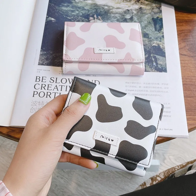 

Cute Cow Print Tri-fold Wallet for Women Girls PU Leather Cartoon Small Key Case Cash Pocket Card Holder Coin Purse Short Wallet
