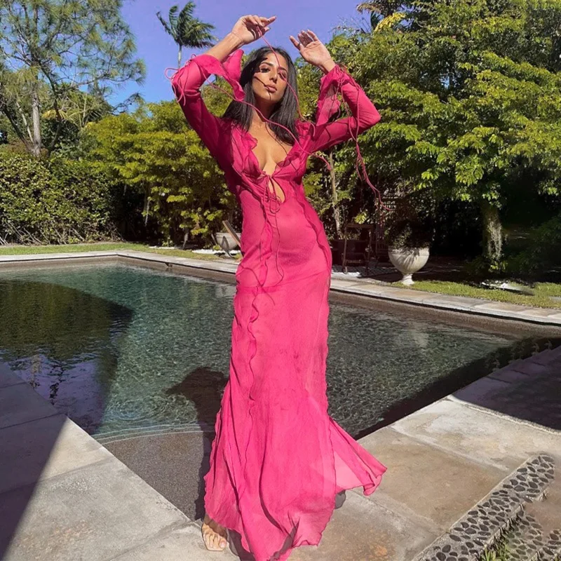 

Sexy Mesh Ruffles Lace Up Dress For Women See Through Bandage Long Sleeve V-neck Slit Slim Dresses 2023 Beach Party Lady Outfits