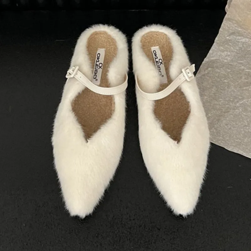 

Autumn and Winter New Fairy Style Low-heeled Half-slippers White Wool Shoes Women's Outer Wear Flat-bottomed Muller Shoes Women