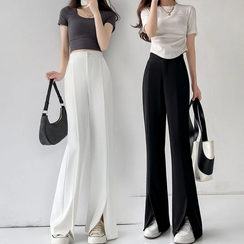

White Side Slit Micro Flared Trousers Women's Summer High-Waisted Stretchy Leg Trimmed Long Drape Straight-Leg Suit Trousers