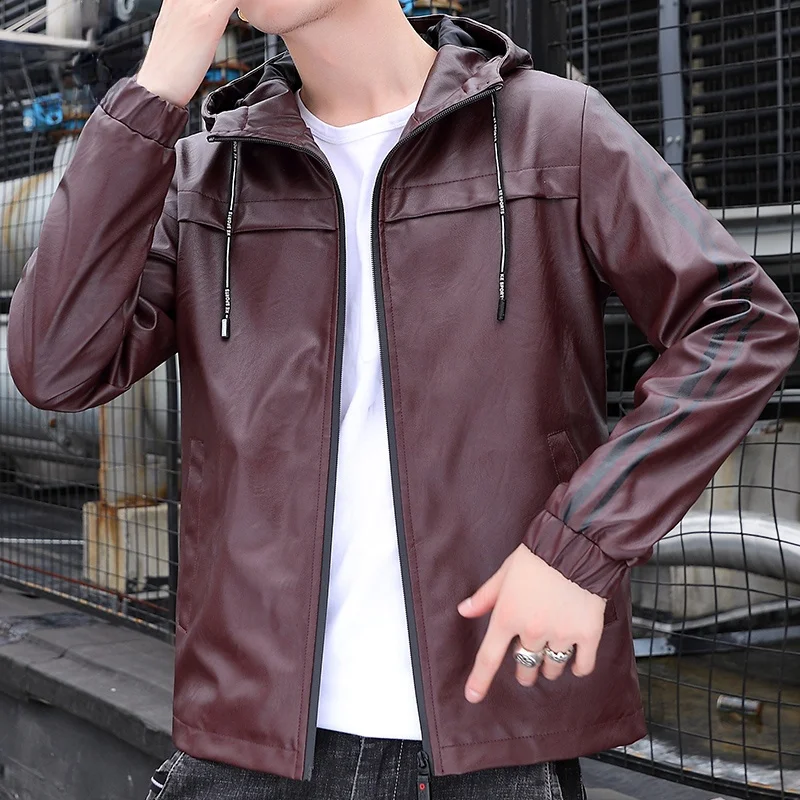 Мужское кожаное пальто с капюшоном Fuguiniao облегающая весенне-осенняя верхняя