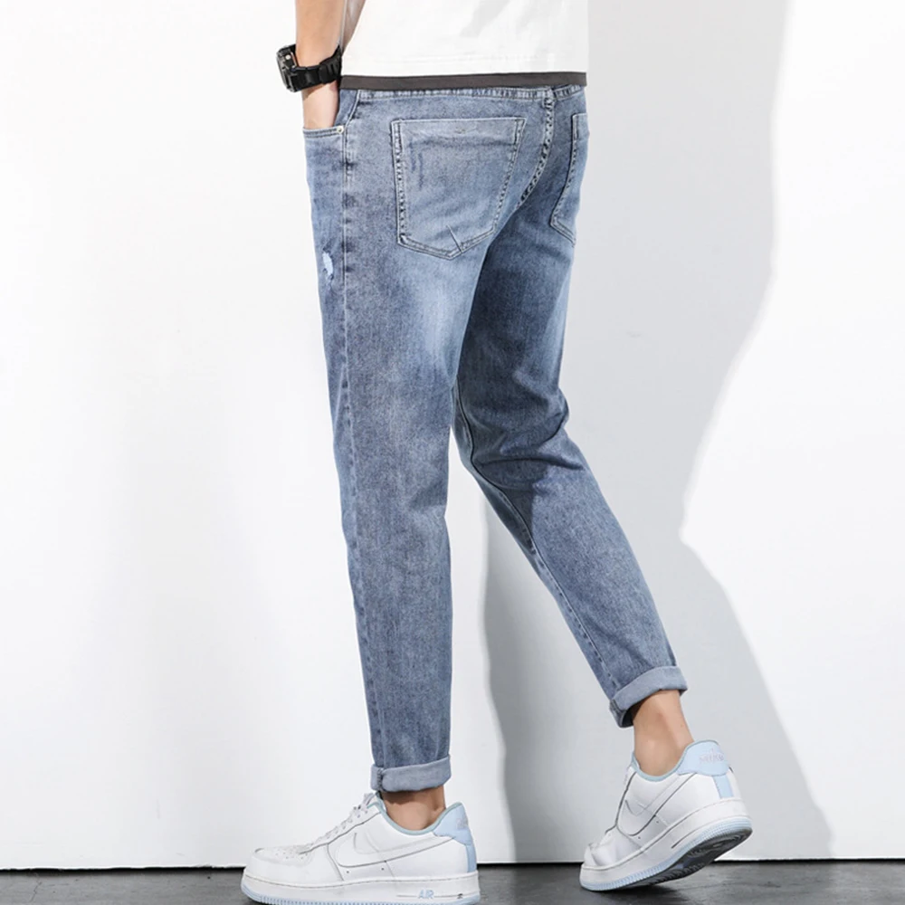 Spring Autumn Jeans Men Streetwear Denim Jogger Pants Men Hole Mid Waist Elastic Breathable Slim Jean Trousers