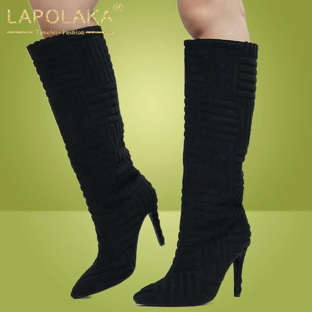 Niche Design Brand New Women's Knee High Boots Pointed Toe Thin Heels Party Sexy Ladies Club Flock Shoes For Woman |