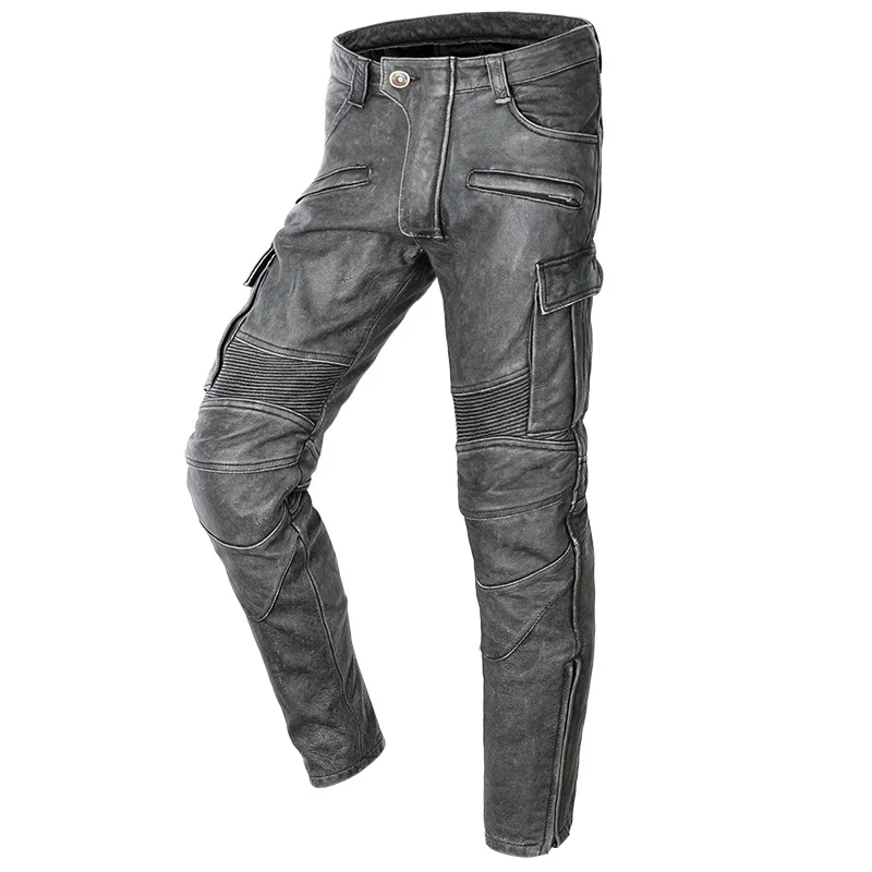 

Motorcycle Leather Trousers Men Leather Pant Thick 100% Cowhide Vintage Grey Black Men's Moto Biker Pants Winter 5XL