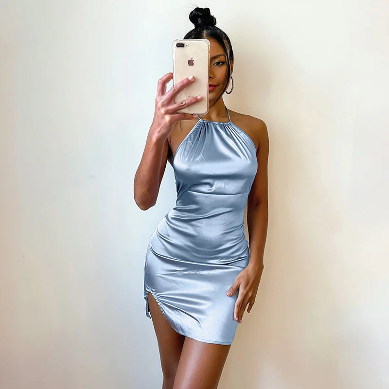 

Hanging neck backless dressesEuropean and American Women's Clothing Satin Sheath Halter Backless Dress
