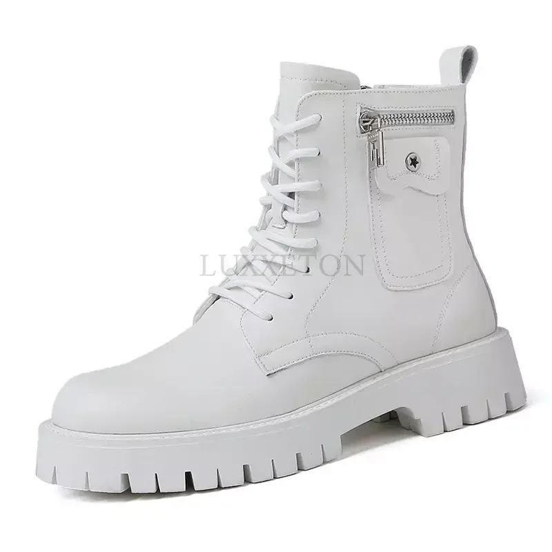 

High Top Martens Lace-Up Round Toe Leisure All-match Men's Casual Leather Shoes Non-slip Trend Rubber Winter Plush Men's Boots