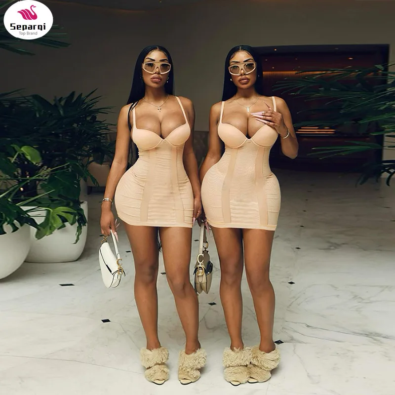 

SEPAQI Baddie Style Mini Dress Women Sexy Wrap Chest Patchwork Mesh Hot Camisole Midnight Skirt Charming Sheath Slim Clubwear