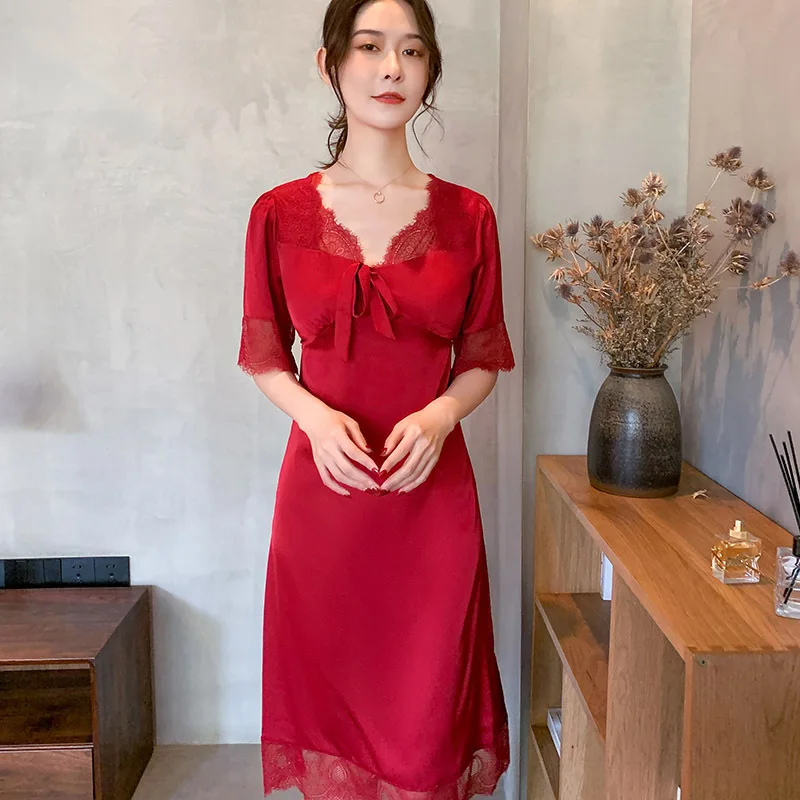 

Patchwork Lace Satin Nightgown Female Home Clothing Sleepwear Intimate Lingerie Casual Sexy V-Neck Nightdress Homewear