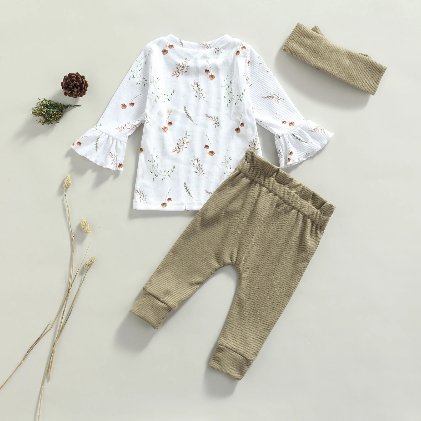 

Newborns 3Pcs Cotton Casual Sets Plant Print Long Sleeve Round Neck Pullover Ribbed Trousers Headband For Kids 0-24M