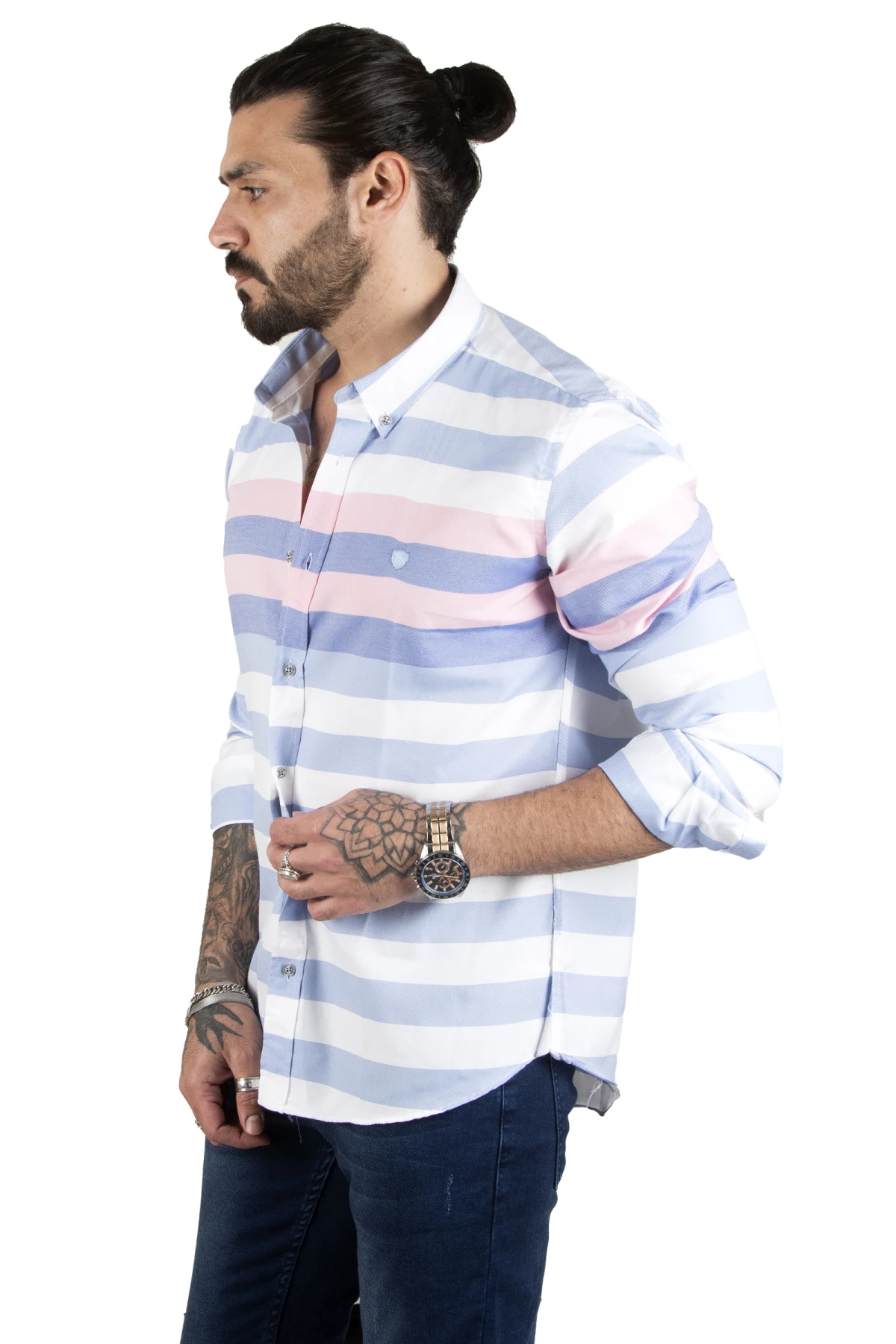 DeepSEA horizontal thick striped dotted patterned men's shirt 2207519