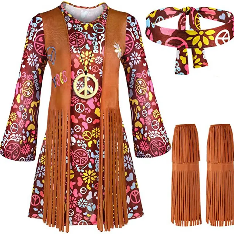 

Women's Peace Love Hippie Costume Party 60s 70s Hippie Stage wear Costume Halloween Indian Tassels Hippie Performance