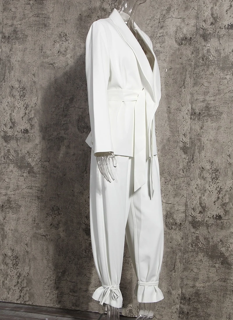 Fashion Two Piece Set Blazer Free Sashes Wide Leg Pants Suits Women Solid Colors Casual Office Blazer Suit High Waist Pants Set