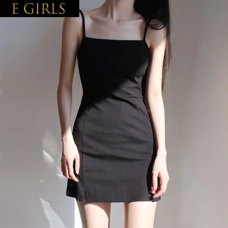

E GIRLS Women Sleeveless Dress Slash Neck Backless Mini Spaghetti Strap Black Sexy Retro Abdomen Slim Shaped Mature Simple Style