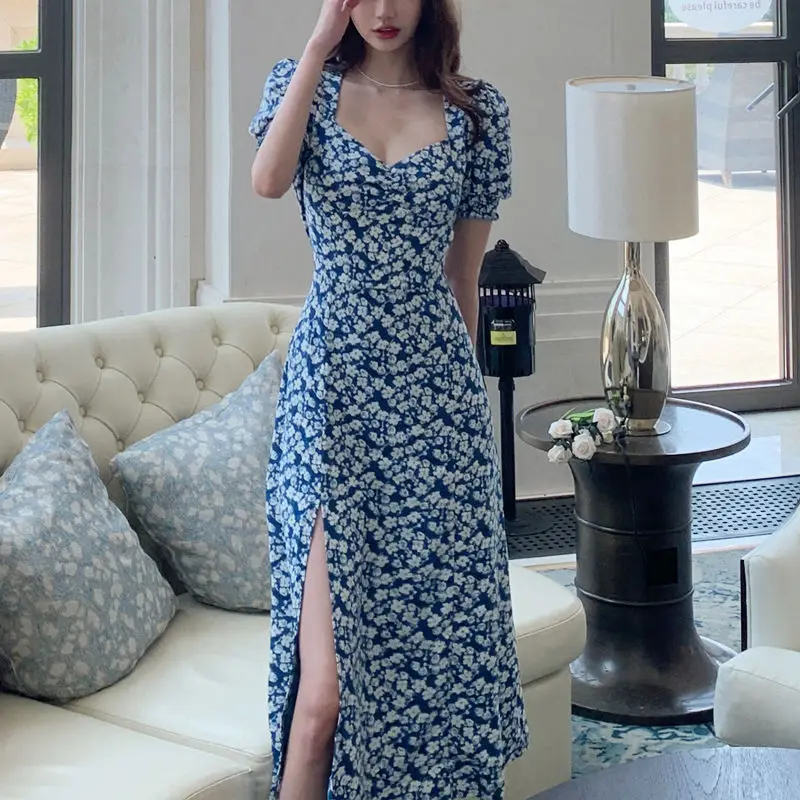 

Floral V-Neck Split Dress Women Puff Sleeve High Waist Slim Dresses Woman Fashionable Retro Over Knee Dress Summer 2023