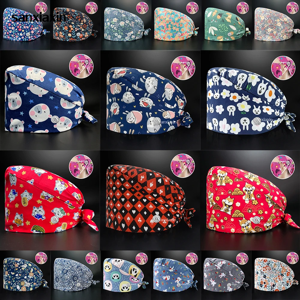 

Printing Nurse Cap Sweat-absorbent Head Wrap Towel Scrubs Tops Surgical Work Hats Anti-Dirty Pure Cotton Cap With Button Lab Cap