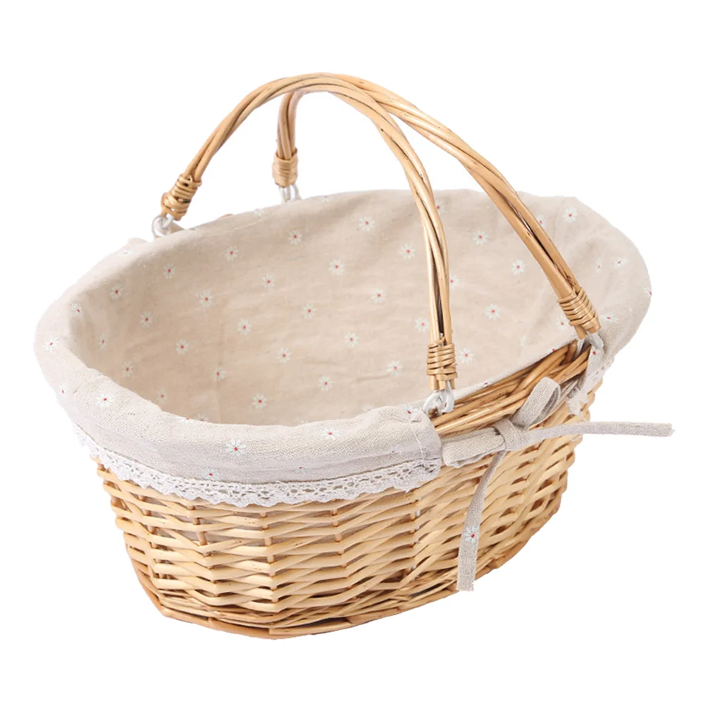 

Woven Rattan Picnic Basket: Flower Basket Gift Basket with Handle and Cloth Liner Fruits Vegetables Bread Sundries Arrows